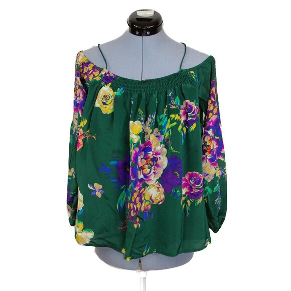 Anthropologie MAEVE XS Green Silk Blouse Tunic Floral Off The Shoulder Cottage - Picture 1 of 4